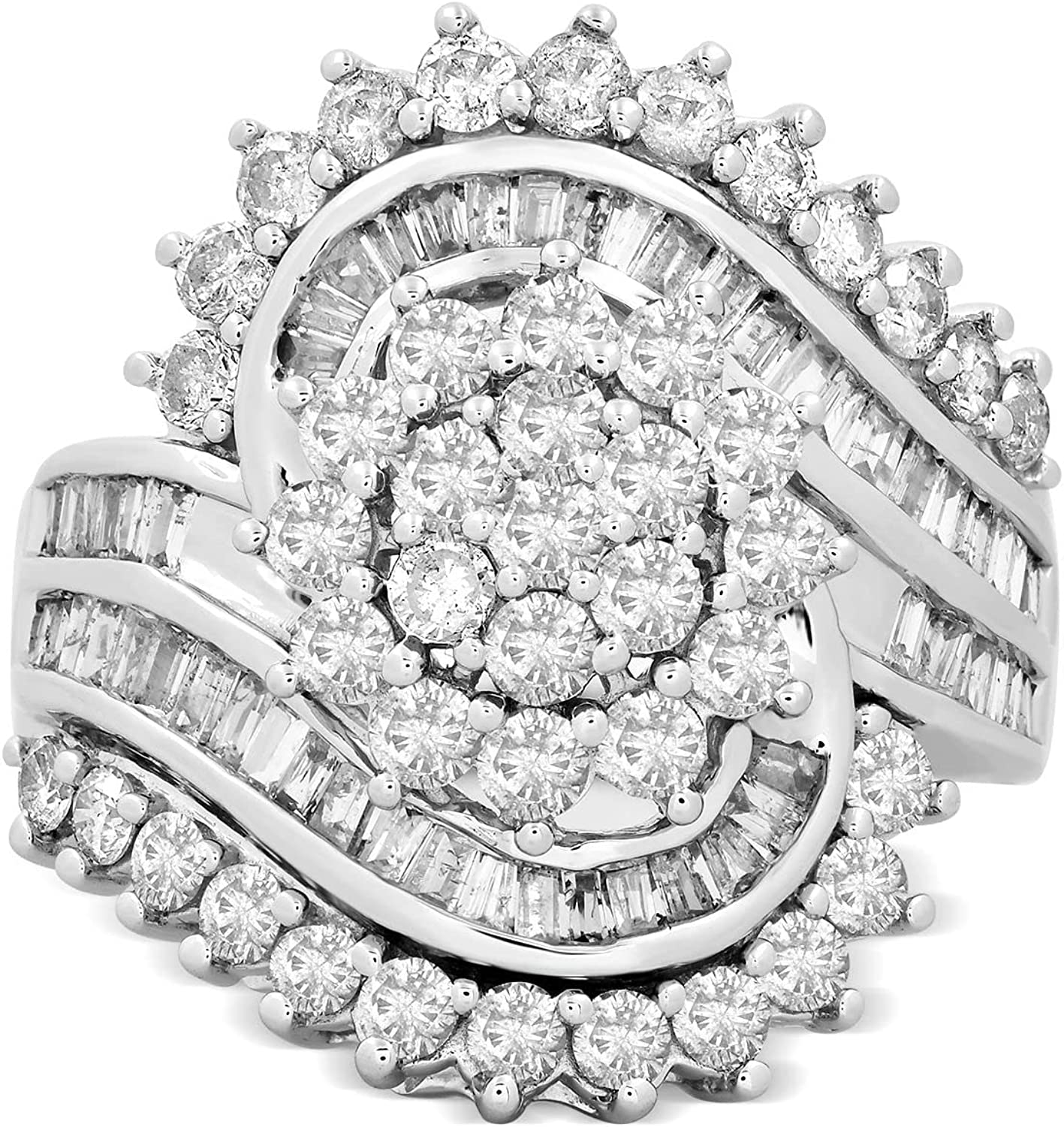 Jewelili 10K White Gold 2 Cttw Natural White Round and Baguette Diamonds Cluster