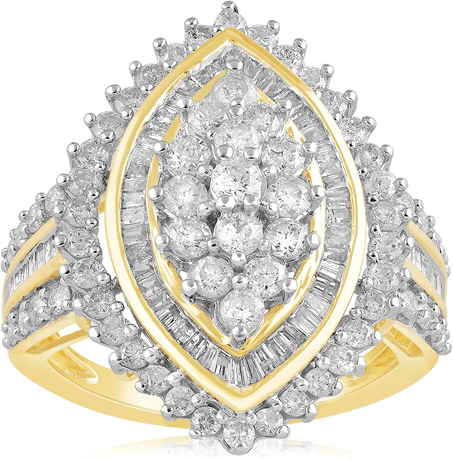 Jewelili Ring with Natural White Baguette and Round Diamonds 2 Cttw in 10K